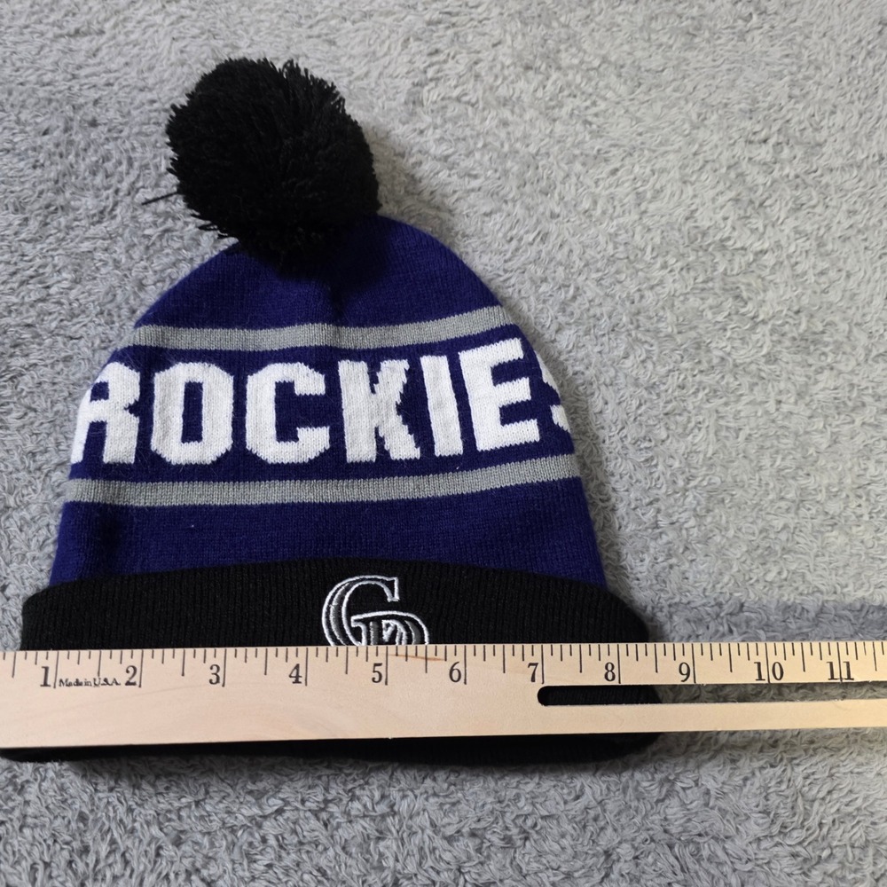 MLB Mens OSFA Colorado Rockies Beanie Purple Black Cuffed Pom Knit Hat Logo - Picture 2 of 6